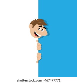 happy man.peek out from behind the wall. cartoon vector illustration