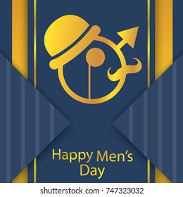 Happy Man's Day and Happy father’s day greeting card. Vintage retro vector illustration with a gold hat and mustaches and pince-nez. Congratulations to your husband, friend, grandfather, or brother.