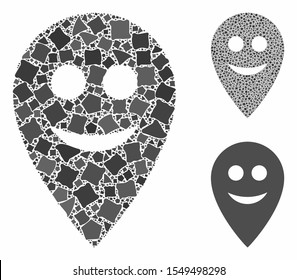 Happy map marker mosaic of rough pieces in variable sizes and color tints, based on happy map marker icon. Vector ragged pieces are organized into mosaic.
