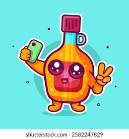 happy maple syrup bottle character mascot taking a selfie with a smartphone isolated cartoon 