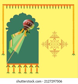 Happy Marathi new year a bamboo stick , earthen decorative pot . flying cloth, Marigold flower toran and rangoli design on yellow background.