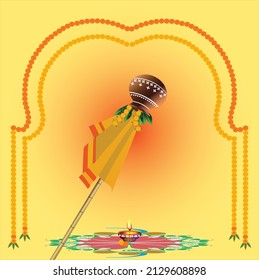 Happy Marathi New year bamboo sick , a earthen  pot , yellow flying cloth, mango leaves, lamp, rangoli and Toran on  yellow color background.
