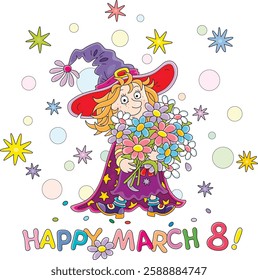 Happy March 8 card with a cute little fairy holding a colorful bouquet of spring flowers, vector cartoon illustration on a white background