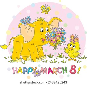 Feliz 8 de marzo tarjeta con un pequeño bebé elefante dando un hermoso ramo de flores de colores a un pequeño polluelo feliz, ilustración de dibujos animados vectorial