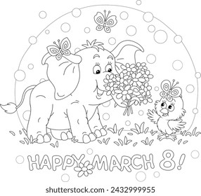 Feliz 8 de marzo tarjeta con un pequeño bebé elefante dando un hermoso ramo de flores de primavera a un pequeño polluelo feliz, ilustración de dibujos animados vectorial de contorno blanco y negro