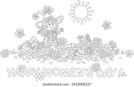 Happy March 8 card with a happy little fairy and merry butterflies flying around a pretty flowerbed in a spring garden, black and white outline vector cartoon illustration