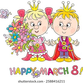 Happy March 8 card with a little prince and princess holding a colorful bouquet of beautiful spring flowers, vector cartoon illustration on a white background