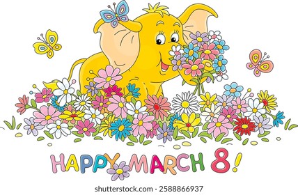 Happy March 8 card with a happy little baby elephant holding a beautiful bouquet among colorful flowers and merry butterflies flying around a pretty flowerbed in a spring garden, vector cartoon