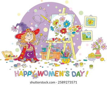 Happy March 8 card with a little fairy waving her gold magic wand and drawing garden flowers on an easel with a flying paintbrush and bright paints from a palette, vector cartoon illustration