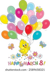 Happy March 8 card with a happy little chick holding colorful balloons among flowers and merry butterflies flying around, vector cartoon illustration on a white background