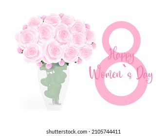 Happy March 8 International Women's Day text, colorful bouquet of roses in a vase, retro style, vintage graphics design for textiles, cards, invitations, gift wrapping Vector illustration