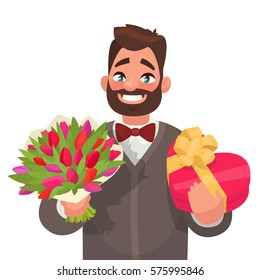 Happy March 8 International Women's Day. Handsome man with a bouquet of flowers and a gift. Element for greeting card. Vector illustration in a flat style