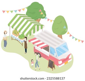 Happy Marche. A tent and kitchen car. vector illustration