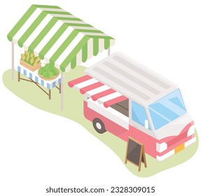 Happy Marche. A tent and kitchen car. vector illustration