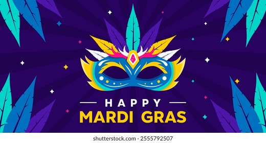 Happy Mardi Glas. Mask and more. Great for cards, banners, posters, social media and more. Purple background.  
