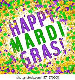 Happy Mardi Gras card with colorful glitter, confetti and beads explosion in traditional Mardi Gras colors. Vector illustration for your design.