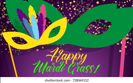 Happy Mardi Gras carnival background, vector illustration. Flat colorful masks, confetti, hand drawn lettering text on purple traditional background. Party invitation concept.