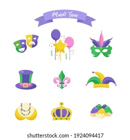 Happy Mardi Gras Carnival Festive, Popular Event in Brazil Concept with mask, hat, crown - party elements Isolated on light Background