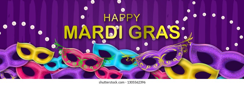 Happy Mardi Gras Carnival Party horizontal banner with gold Lettering and beads. 3D Masquerade Carnival Masks on festive striped background. Circus amusement poster. Funfair flyer. Vector illustration