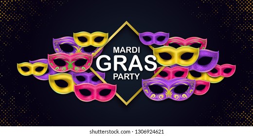 Happy Mardi Gras Carnival Party horizontal banner with a Lettering and Masquerade Carnival Masks on a black background with gold halftone. Circus amusement poster. Funfair flyer. Vector illustration