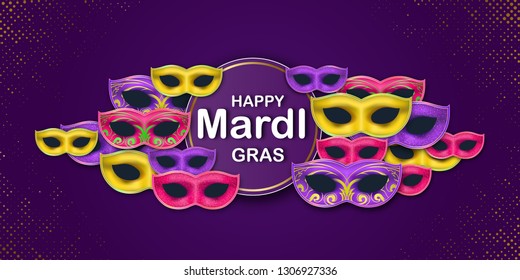 Happy Mardi Gras Carnival Party horizontal banner with a Lettering and 3D Masquerade Carnival Masks on a violet background. Circus amusement poster. Funfair flyer, fun poster. Vector illustration