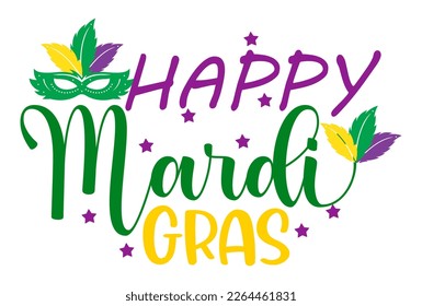 Feliz Mardi Gras Coloridas Letras Con Máscara. Carnaval Tradicional En Nueva Orleans, Luisiana. Ilustración vectorial sobre fondo blanco para afiche, tarjeta, diseño de camiseta