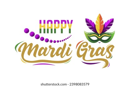 Happy Mardi Gras Colorful Lettering With Mask. Traditional Carnival In New Orleans, Louisiana. Vector illustration On White Background