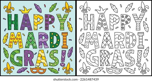 Happy Mardi Gras Coloring Page Illustración