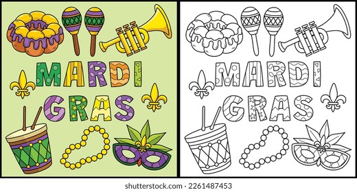 Happy Mardi Gras Coloring Page Illustration