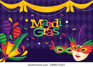 Happy Mardi Gras festival background. Mardi Gras carnival celebration. Cartoon Vector illustration design Template for Poster, Banner, Flyer, Greeting, Card, Post, Cover, Invitation. Mardi Gras parade