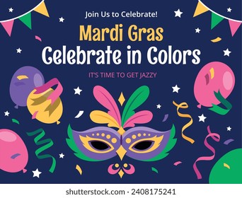 Happy Mardi Gras festival background. Mardi Gras carnival celebration. Cartoon Vector illustration design Template for Poster, Banner, Flyer, Greeting, Card, Post, Cover, Invitation. Mardi Gras parade