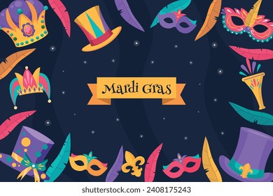 Fröhlicher Mardi Gras Festivalhintergrund. Mardi Gras Karnevalsfeier. Cartoon Vektorgrafik Design Vorlage für Poster, Banner, Flyer, Gruß, Karte, Post, Cover, Einladung. Mardi Gras Parade