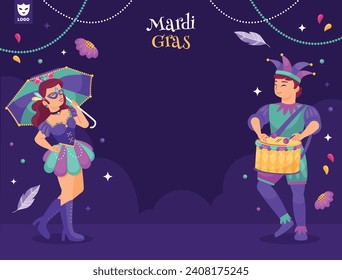 Fröhlicher Mardi Gras Festivalhintergrund. Mardi Gras Karnevalsfeier. Cartoon Vektorgrafik Design Vorlage für Poster, Banner, Flyer, Gruß, Karte, Post, Cover, Einladung. Mardi Gras Parade