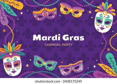 Happy Mardi Gras festival background. Mardi Gras carnival celebration. Cartoon Vector illustration design Template for Poster, Banner, Flyer, Greeting, Card, Post, Cover, Invitation. Mardi Gras parade