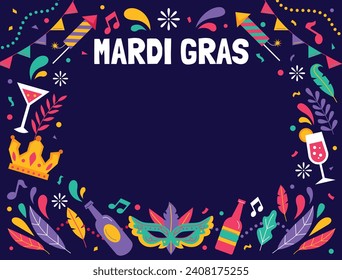 Fröhlicher Mardi Gras Festivalhintergrund. Mardi Gras Karnevalsfeier. Cartoon Vektorgrafik Design Vorlage für Poster, Banner, Flyer, Gruß, Karte, Post, Cover, Einladung. Mardi Gras Parade