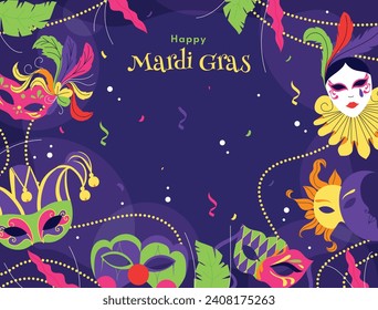 Felices antecedentes del festival Mardi Gras. Celebración del carnaval de Mardi Gras. Plantilla de diseño de ilustración de vectores de dibujos animados para afiches, pancartas, volantes, saludo, tarjeta, mensaje, portada, invitación. Desfile Mardi Gras