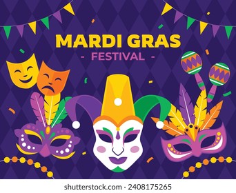 Happy Mardi Gras festival background. Mardi Gras carnival celebration. Cartoon Vector illustration design Template for Poster, Banner, Flyer, Greeting, Card, Post, Cover, Invitation. Mardi Gras parade