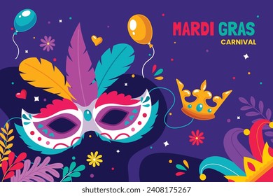 Happy Mardi Gras festival background. Mardi Gras carnival celebration. Cartoon Vector illustration design Template for Poster, Banner, Flyer, Greeting, Card, Post, Cover, Invitation. Mardi Gras parade