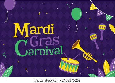 Happy Mardi Gras festival background. Mardi Gras carnival celebration. Cartoon Vector illustration design Template for Poster, Banner, Flyer, Greeting, Card, Post, Cover, Invitation. Mardi Gras parade