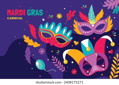 Happy Mardi Gras festival background. Mardi Gras carnival celebration. Cartoon Vector illustration design Template for Poster, Banner, Flyer, Greeting, Card, Post, Cover, Invitation. Mardi Gras parade