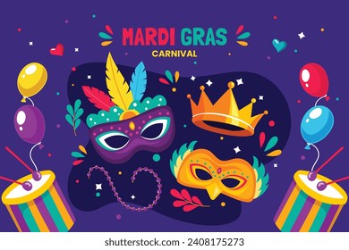 Fröhlicher Mardi Gras Festivalhintergrund. Mardi Gras Karnevalsfeier. Cartoon Vektorgrafik Design Vorlage für Poster, Banner, Flyer, Gruß, Karte, Post, Cover, Einladung. Mardi Gras Parade