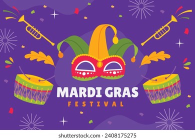 Happy Mardi Gras festival background. Mardi Gras carnival celebration. Cartoon Vector illustration design Template for Poster, Banner, Flyer, Greeting, Card, Post, Cover, Invitation. Mardi Gras parade