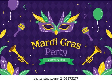 Fröhlicher Mardi Gras Festivalhintergrund. Mardi Gras Karnevalsfeier. Cartoon Vektorgrafik Design Vorlage für Poster, Banner, Flyer, Gruß, Karte, Post, Cover, Einladung. Mardi Gras Parade