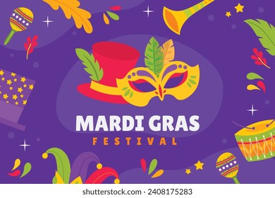 Fröhlicher Mardi Gras Festivalhintergrund. Mardi Gras Karnevalsfeier. Cartoon Vektorgrafik Design Vorlage für Poster, Banner, Flyer, Gruß, Karte, Post, Cover, Einladung. Mardi Gras Parade