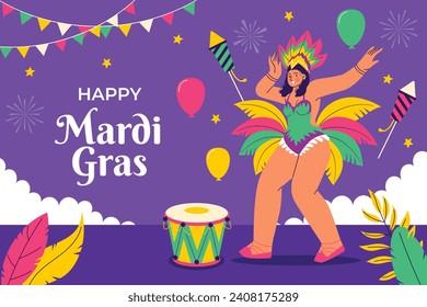 Happy Mardi Gras festival background. Mardi Gras carnival celebration. Cartoon Vector illustration design Template for Poster, Banner, Flyer, Greeting, Card, Post, Cover, Invitation. Mardi Gras parade