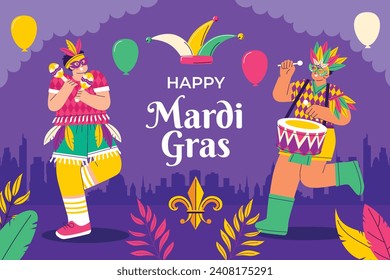 Happy Mardi Gras festival background. Mardi Gras carnival celebration. Cartoon Vector illustration design Template for Poster, Banner, Flyer, Greeting, Card, Post, Cover, Invitation. Mardi Gras parade