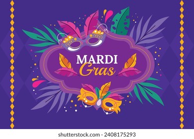 Fröhlicher Mardi Gras Festivalhintergrund. Mardi Gras Karnevalsfeier. Cartoon Vektorgrafik Design Vorlage für Poster, Banner, Flyer, Gruß, Karte, Post, Cover, Einladung. Mardi Gras Parade