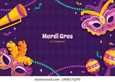 Fröhlicher Mardi Gras Festivalhintergrund. Mardi Gras Karnevalsfeier. Cartoon Vektorgrafik Design Vorlage für Poster, Banner, Flyer, Gruß, Karte, Post, Cover, Einladung. Mardi Gras Parade