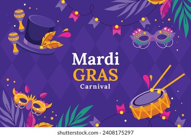 Fröhlicher Mardi Gras Festivalhintergrund. Mardi Gras Karnevalsfeier. Cartoon Vektorgrafik Design Vorlage für Poster, Banner, Flyer, Gruß, Karte, Post, Cover, Einladung. Mardi Gras Parade