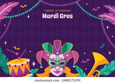 Felices antecedentes del festival Mardi Gras. Celebración del carnaval de Mardi Gras. Plantilla de diseño de ilustración de vectores de dibujos animados para afiches, pancartas, volantes, saludo, tarjeta, mensaje, portada, invitación. Desfile Mardi Gras